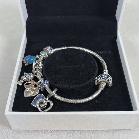 PANDORA Moments Snake Chain 6.25” Sterling Silver Bracelet with 8/Charms Charity - Picture 2 of 6